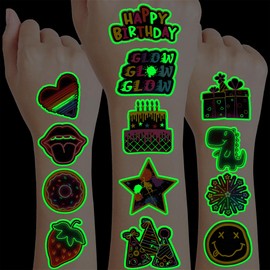 Neon Temporary Tattoos Theme Birthday Party Decorations Supplies Favors Decor 96 PCS 8 Sheets Cute Tattoo Stickers (Luminous)