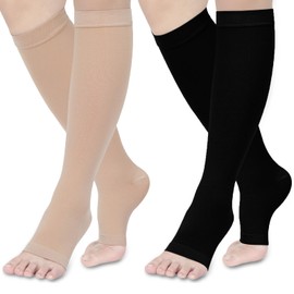 Ktinnead Compression Socks for Women and men 20-30 mmhg, Knee High Graduated Compression Stockings, Opaque, Open Toe, Unisex, Beige & Black, XX-Large