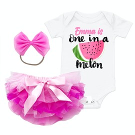 One in a melon baby Girl birthday outfit watermelon girl birthday shirt handmade customized 1st birthday outfit (Pink Design 1)