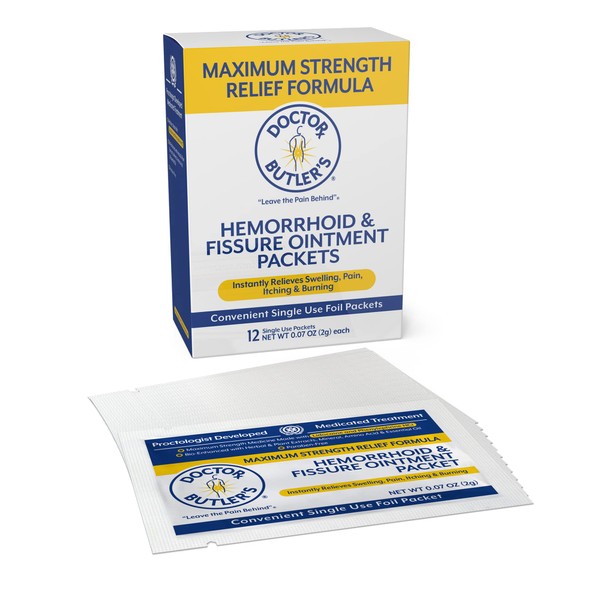 Doctor Butler's Maximum Strength Hemorrhoid & Fissure Ointment 12 to-Go Packets - Instant Pain Relief Hemorrhoid Treatment with Lidocaine, Internal & External Itching, Burning and Swelling Relief
