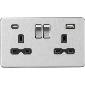 13A 2G SP Switched Socket with Dual USB A+C (5V DC 4.0A shared) - Brushed Chrome with Black Insert