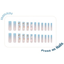 IMRAIN Press on Nails Extra Long Square Fake Nails with Blue Gradient Design Glossy Glue on Nails Artificial Acrylic Nail Supplies Full Cover Koi Flower False Nails Stick on Nails for Women