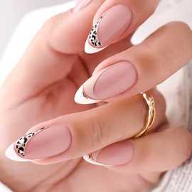 Galamonoty Almond Press on Nails Fake Nails Medium Long French Tip White Leopard Print Designs Nude Stick on Full Cover False Nails 24 Pcs Acrylic Glossy Stick on Nails for Women W244