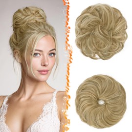 BARSDAR 2 PCS Messy Bun Hair Pieces - Elastic Blonde Messy Hair Bun Scrunchies Extensions for Women - Synthetic Thick Fluffy Updo Chignons Hairpieces - Golden Blonde with Highlights
