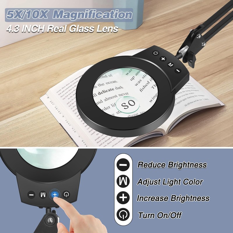 NOEVSBIG Desk Magnifying Glass with Light 10+5X Desktop Lamp Close