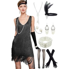 Women's 1920s Flapper Sequins Tassels Cami Sexy Cocktail Latin Dance Ballroom Dress w/ 20s Costume Accessories Set Black