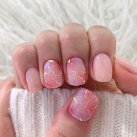 Pink Press on Nails Short Fake Nails Square Nails Press ons Smudge Translucent Glue on Nails Sweet Flowers Acrylic Petite Stick on Nails for Women Girl 24 Pcs