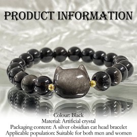 Koprek Cat Black Obsidian Bracelet, Black Cat Bracelet Bead Bracelets Cats Crystal Bracelets, Cats Jewellery Gifts for Man Women Girls, Elastic Band Connection Fit the Wrist, Suitable for Most People