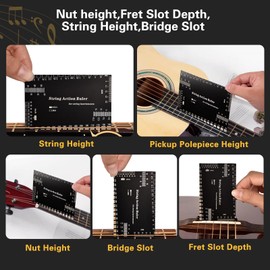 String Action Gauge , Guitar String Height Ruler ,Guitar Set Up Luthier Tools with Thick Leather Case for Electric Acoustic Guitar, Bass,Etched Black Edition