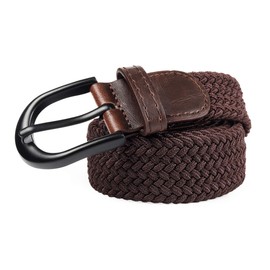 Braided Stretch Elastic Web Belt Pin Oval Black/Nickel Buckle Leather Loop Tip (Solid Brown, Medium 32"-34" (39" Length))