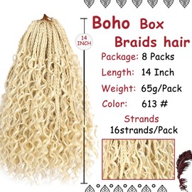 Beverlee Beverlee 14 Inch Boho Box Braids 8 Packs Goddess Box Braids Crochet Hair Bohemian Hippie Braids Braiding Hair Box Braids with Curly Ends Messy Pre-looped Synthetic Crochet Hair for Women 613#