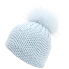 Blue Cashmere Beanie Hat for Women Winter Ribbed Knit Cuffed Beanie Skull Cap Hat with Real Fur Pom Pom Beanie Knit Ski Hat (RC Blue 1)