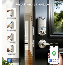 Veise VE017-L Fingerprint Smart Lock with Lever Handles, App Control, Keyless Entry Front Door Lock Set, Electronic Digital Keypad Deadbolt, Remote Grant, Emergency Power Port, Auto Lock, Satin Nickel