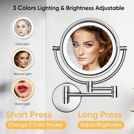GURUN 10x Magnifying Mirror with Light Wall Mounted Makeup Mirror Dimmable 3 Color LED Beauty Mirror Touch Screen Brass Rechargeable Cosmetic Mirror with Extension Arm-Chrome