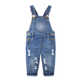 KIDSCOOL SPACE Baby Girls Boys Jeans Overall, Little Kid Bib Pocket Denim Workwear, Blue-2226