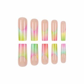 MERVF Long Square Press on Nails Colorful Gradient French Tip Fake Nail Summer Color-blocking Glue ons Neon Squoval Acrylic Manicure Supplies Art DIY Glossy 24pcs