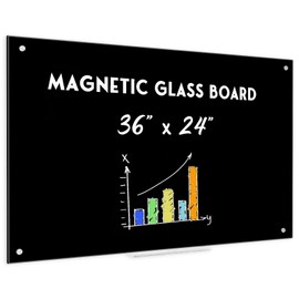 QUEENLINK Black Dry Erase Board, 36" x 24" Magnetic Glass Whiteboard for Wall, Black Glass White Board with 1 Marker Tray and 3 Magnets for Office, Home, Classroom