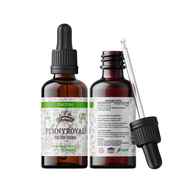 FLORIDA HERBS Pennyroyal Tincture, Organic Pennyroyal Extract (Mentha pulegium) Dried Herb, Non-GMO in Cold-Pressed Organic Vegetable Glycerin 2 oz, 670 mg