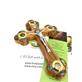 Holy Land Crafts Crucifix Wall Cross, 9 inch Olive Wood Cross with Relics and Mother of Pearl, Catholic Crucifix for Wall, Cross for Living Room Decor Entryway, Cross Gift (9 Inch Crucifix)