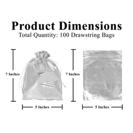 Mandala Crafts Metallic Silver Bags Drawstring Small Pouches Bulk 100 5X7 Drawstring Bags - Small Drawstring Pouches for Jewelry Gift Bags Party Wedding Favor
