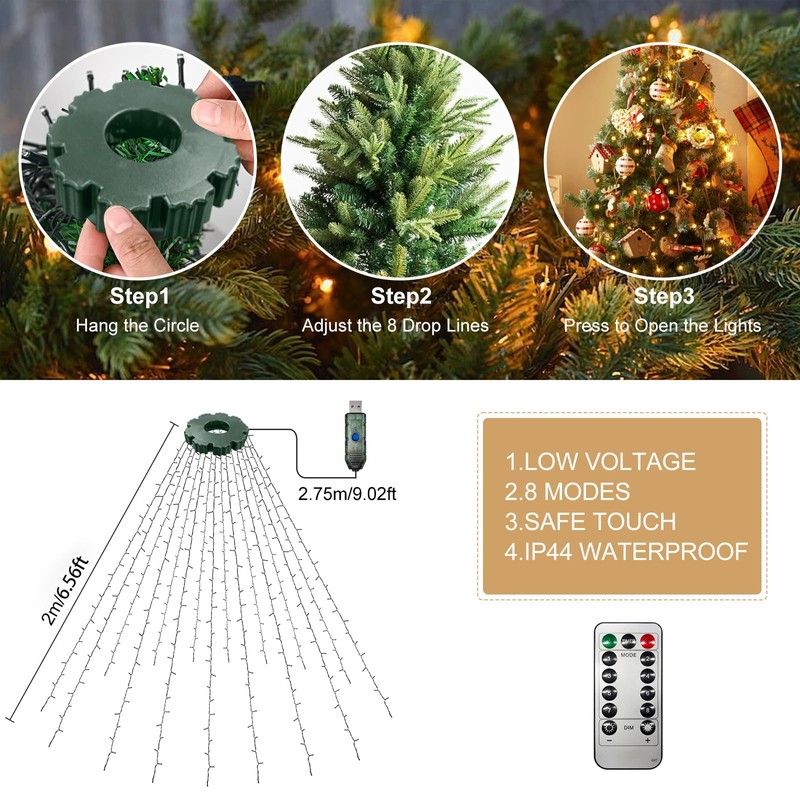 TheaPro 2M/6.6FT x 8 Lines 280LEDS Christmas Tree Lights USB