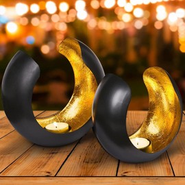 Set of 2 Lanterns Oriental Kumas Large 17 cm Gold Oriental Vintage Tea Light Holder Black from Outside and Gold Interior Moroccan Metal Lanterns as Decoration