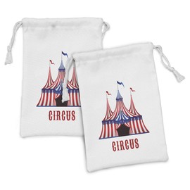 Lunarable Circus Fabric Pouch Set of 2, Striped Circus Tent with Flags on the Top and Stars over the Entrance Print, Small Drawstring Bag for Toiletries Masks and Favors, 9" x 6", Navy Blue White Red