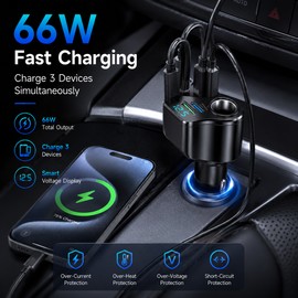 Multi-Port Car Charger for Fast Charging – USB-C PD Adapter with LED Voltage Display for Road Trips