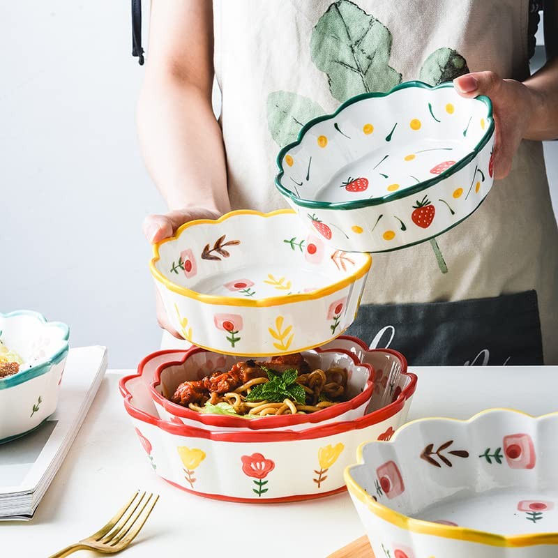 GinkgoHome Hand Painted Flower Pattern Ceramic Bowl Wavy Edge 6-8