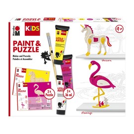 Marabu 0305000000111 KiDS Little Artist Set Flamingo & Unicorn, Painting and Puzzle Box with 2 Animal Figures, 3 x 36 ml Paint, Vegan, Medium
