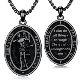 PELOVNY Black Saint Sebastian Necklace 925 Sterling Silver St Sebastian Medal Athletes Patron Protection Jewelry Christmas Birthday Gifts for Men Women