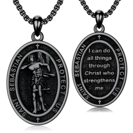 PELOVNY Black Saint Sebastian Necklace 925 Sterling Silver St Sebastian Medal Athletes Patron Protection Jewelry Christmas Birthday Gifts for Men Women