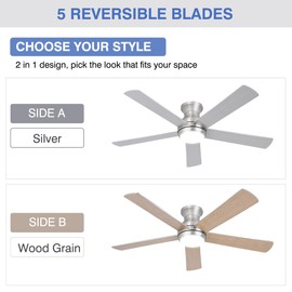 HUMHOLD 52" Flush Mount Ceiling Fans with Lights and Remote Control, Brushed Nickel, 6 Speeds Reversible DC Motor, 5 Blades Low Profile Ceiling Fans LED Light for Bedroom/Living Room (Silver)