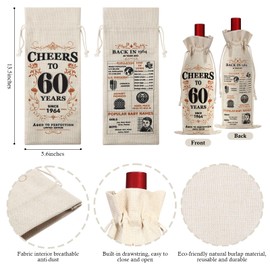 SpringWhisper 2Pcs 60th Birthday Gifts for Women Men Back in 1964 Birthday Gift 60 Years Old Gift Birthday Decoration Wine Bag Gift for Her Him Wine Gift Bag 60th Turning 60