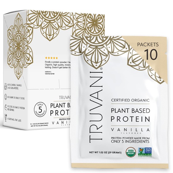 Truvani Organic Vegan Protein Powder Vanilla - 20g of Plant Based Protein, Organic Protein Powder, Pea Protein for Women and Men, Vegan, Non GMO, Gluten Free, Dairy Free (Travel Kit)
