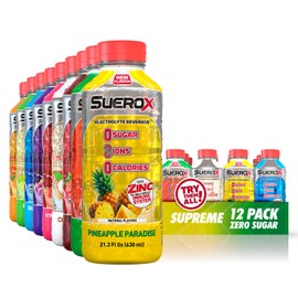 SueroX Sugar-Free Sports Drink for Hydration and Recovery, Electrolyte Hydration Drink with 8 Ions, Zero Calorie Sports Drinks with Electrolytes, Supreme Pack, 21.3 Fl Oz, 12 Count