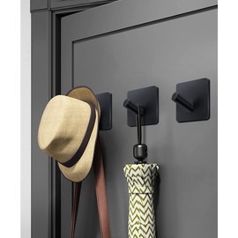 Adhesive Hooks - 5 Pack Heavy Duty Wall Hooks Waterproof Stainless Steel Hooks for Hat Towel Robe Hooks Rack Wall Mount - Bathroom Kitchen Home Hotel Office Cabinet and Bedroom Matte BLACK02