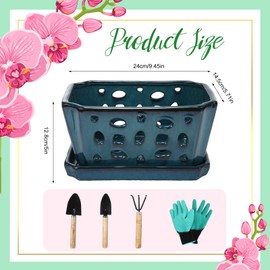 Teenyyou 1 Set Orchid Pot with Holes 9.5 Inch Ceramic Orchid Pot with Saucers for Repotting Amaryllis Flower Planter Include Gardening Shovel Set and Gloves for Home Decor(Blue)