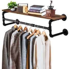 Yawinhe Industrial Pipe Clothes Rack with Top Shelf, Wall Mounted Garment Rack, Space Saving Hanger with 4 Bases, for Shops, Homes, 41.3''Lx10.2''Wx10.2''H, Rustic Brown, 1-Pack