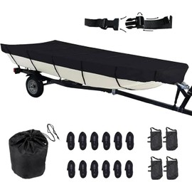 420D Upgraded Jon Boat Cover 12-14ft Heavy Duty Trailerable Jon Boat Cover Waterproof UV Resistant Marine Grade Reinforced Adjustable Side Straps Black