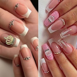 YOSOMK 32pcs Crown Nail Charms 3D Gold Sliver Nail Art Supplies 16 Styles Clear Crystals Crown Nail Decoration with Nail Rhinestones Gems Jewelry for Women and Girls Nail DIY Design