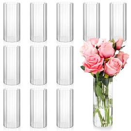Ninehaoou 12 Pcs Glass Cylinder Vases for Centerpieces 8 Inch Clear Ribbed Tall Bud Vase for Centerpieces for Flower Wedding Decoration Floating Candle and Indoor Home Decor, Housewarming Gift