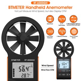 BTMETER Anemometer CFM Wind Meter, Air Flow Gauge Measure Wind Speed 0.3~30m/s, Monitor Airflow Volume 0-999900 ft3/min for HVAC Duct Air Vent, Touch-Screen Windometer 6000GH