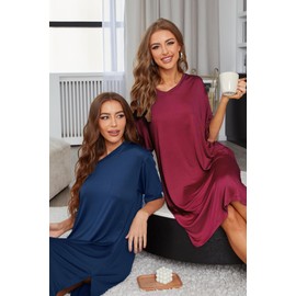 FENTENG 2-pack Women's Nightgowns Short Sleeve Nightshirt V Neck Soft Sleepwear Casual Sleepshirts Loose Pajama Dress (Wine Red+Navy Blue, 2XL)