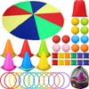 VercanMonth 43 Pcs 3 in 1 Carnival Outdoor Games Combo Set for Kids Include 6 Plastic Cones, 12 Ring, 12 Bean Bags, 12 Plastic Ball, 10 Foot Play Parachute for Toddler Kids Party Play Decoration
