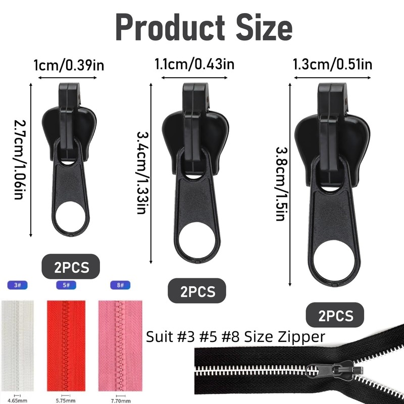 6PCS Zipper Repair Kit, Zip Puller Replacement Set, 3 Sizes