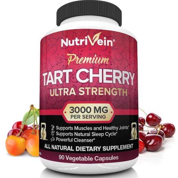 Nutrivein Tart Cherry Capsules 3000mg - 90 Vegan Pills - for Pain Relief,Pain,Muscle Recovery, Flavonoids - Uric Acid Cleanse, Juice Extract Supplement