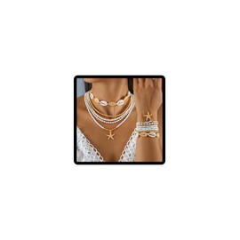 SINLOV Boho Layered Starfish Shell Choker Necklace Bracelet Set Gold Seedbeads Pearl Collar Necklaces Bracelet Beach Pendant Necklace Jewelry for Women Girls