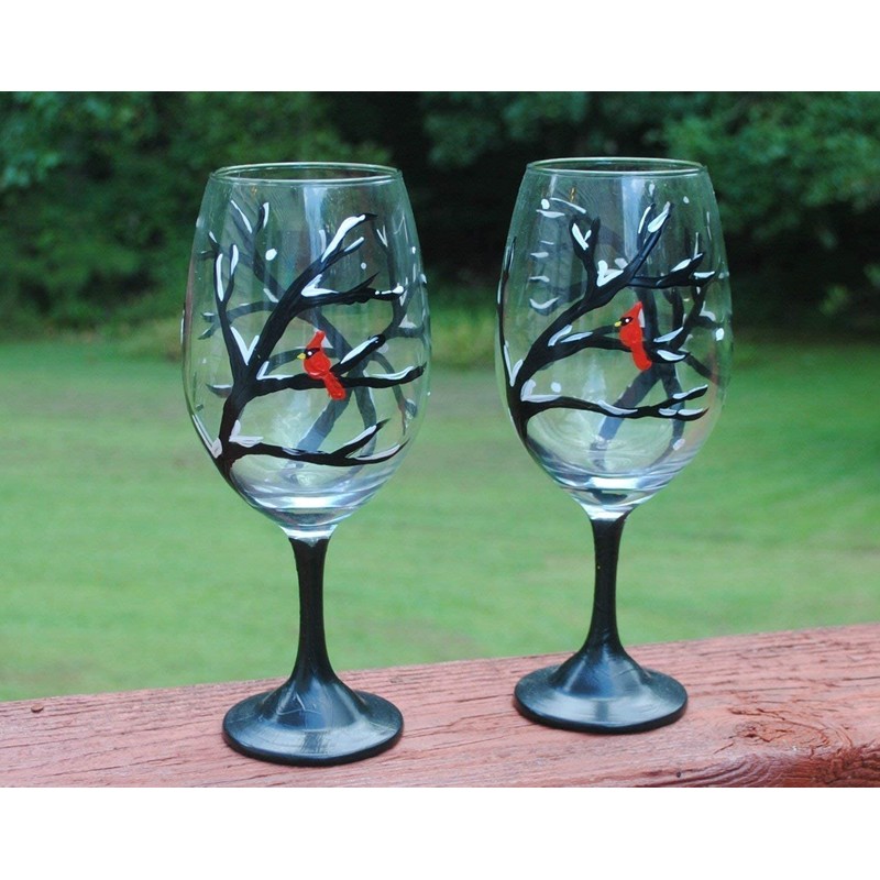 2 Winter Snowy Tree Red Cardinal Wine Glasses Set