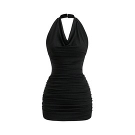 SOLY HUX Women's Halter Mini Dress Ruched Draped Cowl Neck Sleeveless Backless Bodycon Party Dresses Solid Black Small
